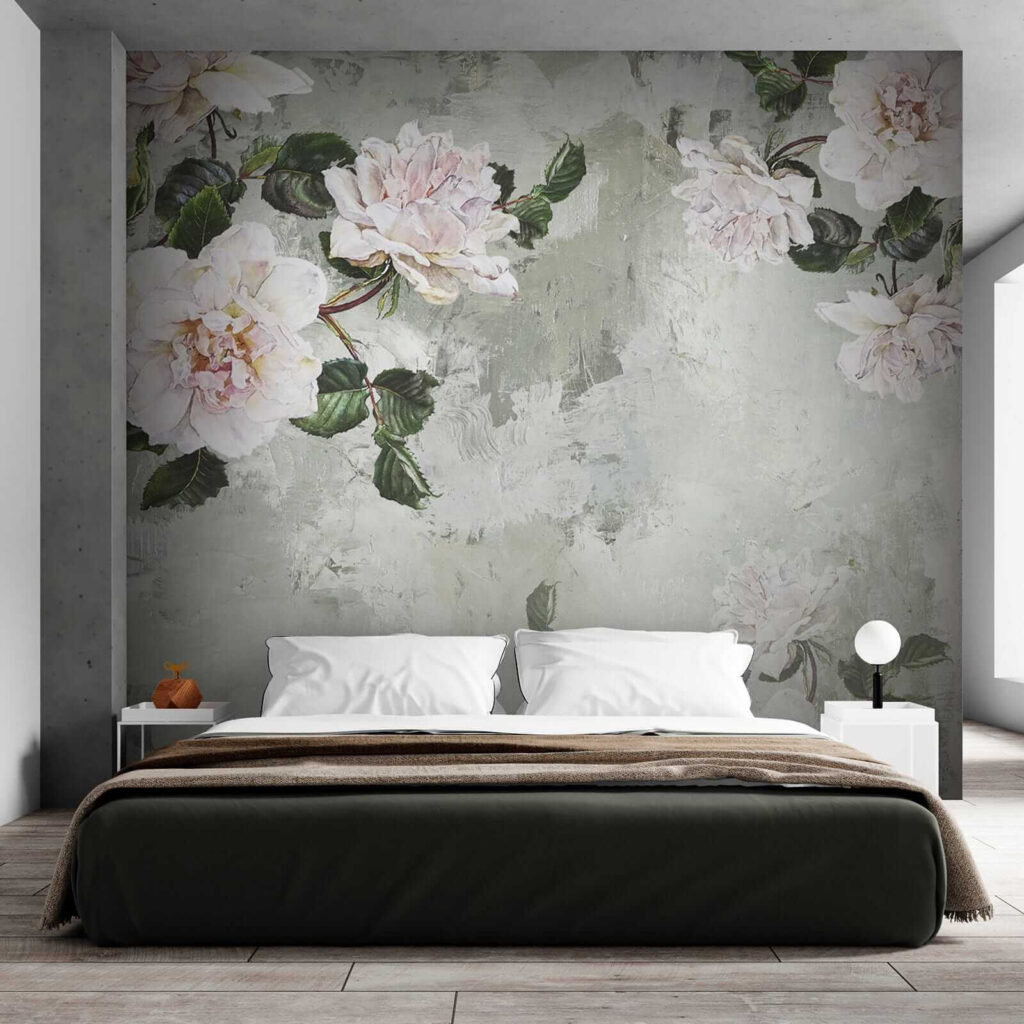 White peonies on grey-green — interior 2
