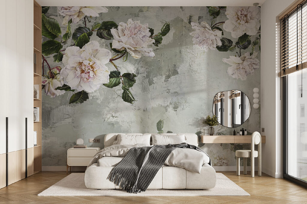 White peonies on grey-green — interior 10
