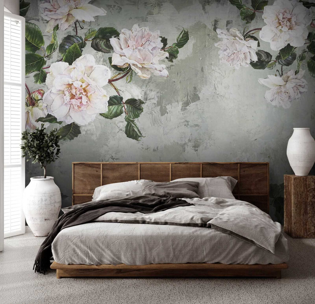 White peonies on grey-green — interior 3