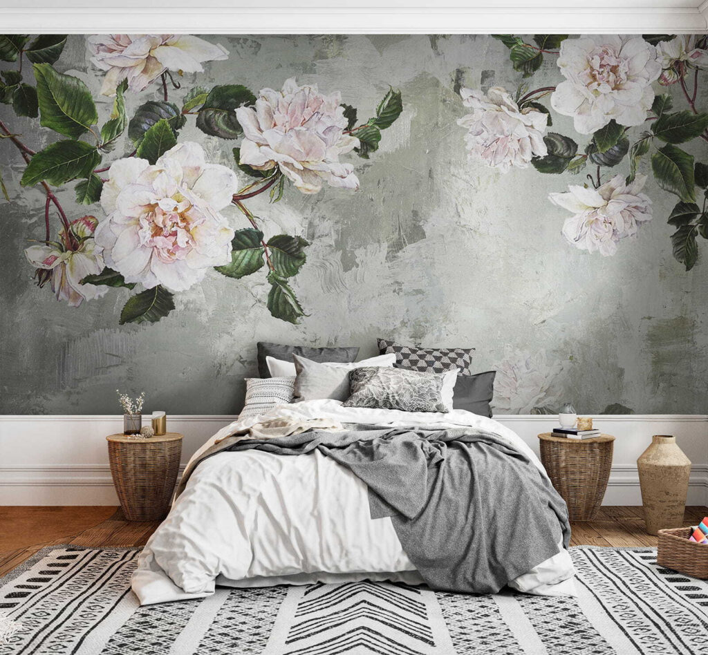 White peonies on grey-green — interior 1