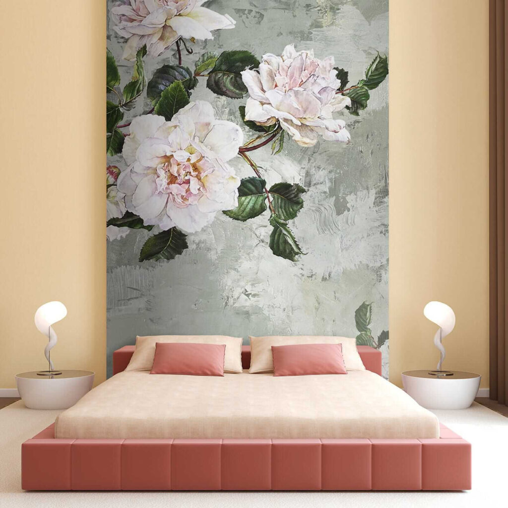 White peonies on grey-green — interior 4