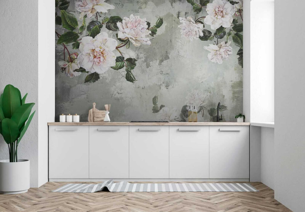White peonies on grey-green — interior 7