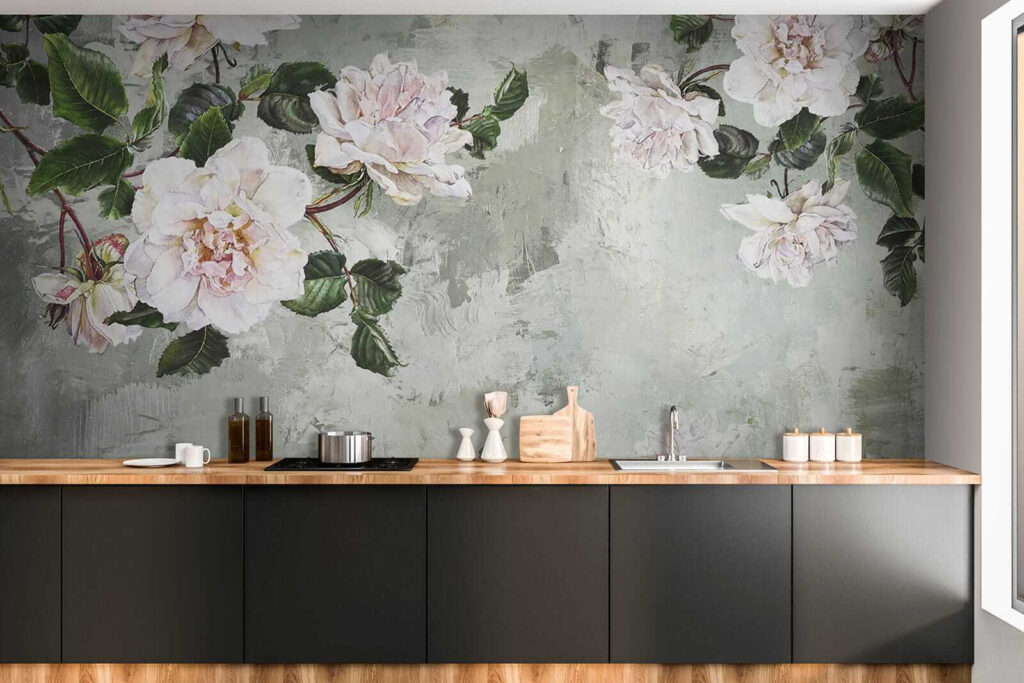 White peonies on grey-green — interior 8