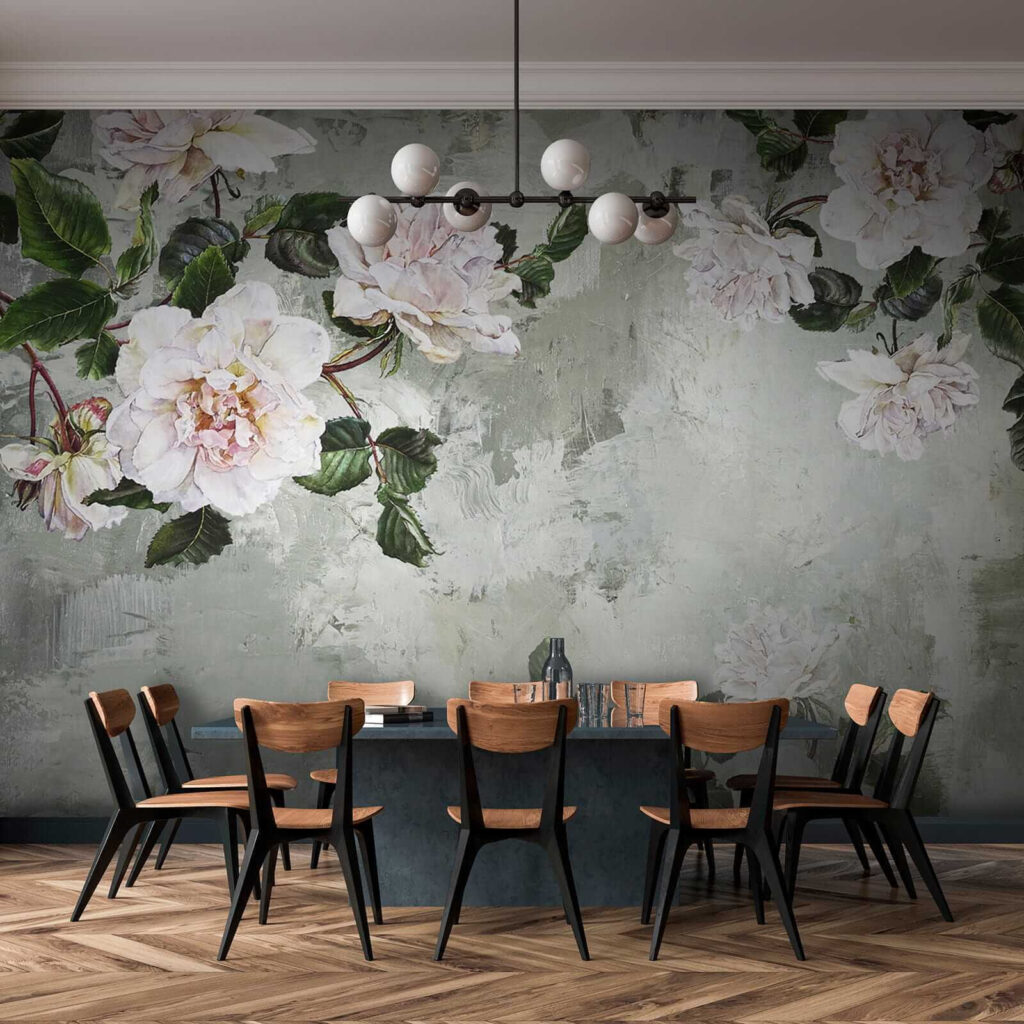 White peonies on grey-green — interior 9