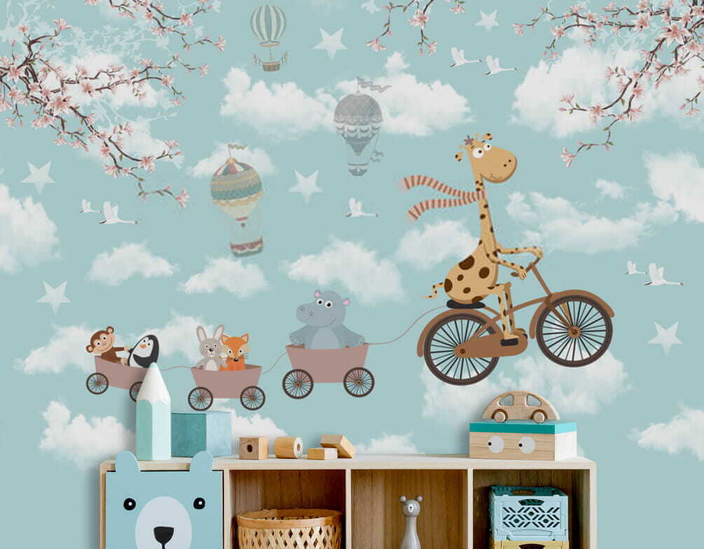 Giraffe cycling above clouds — interior 1
