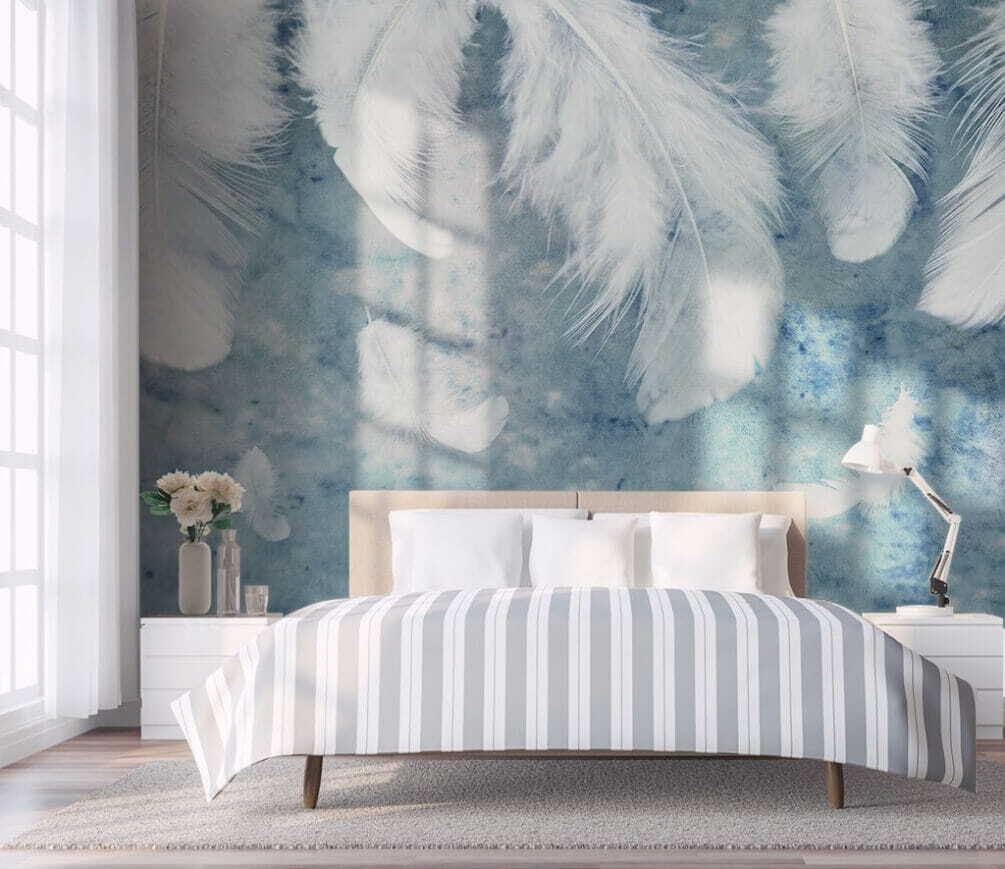 White feathers on blue-grey — interior 1