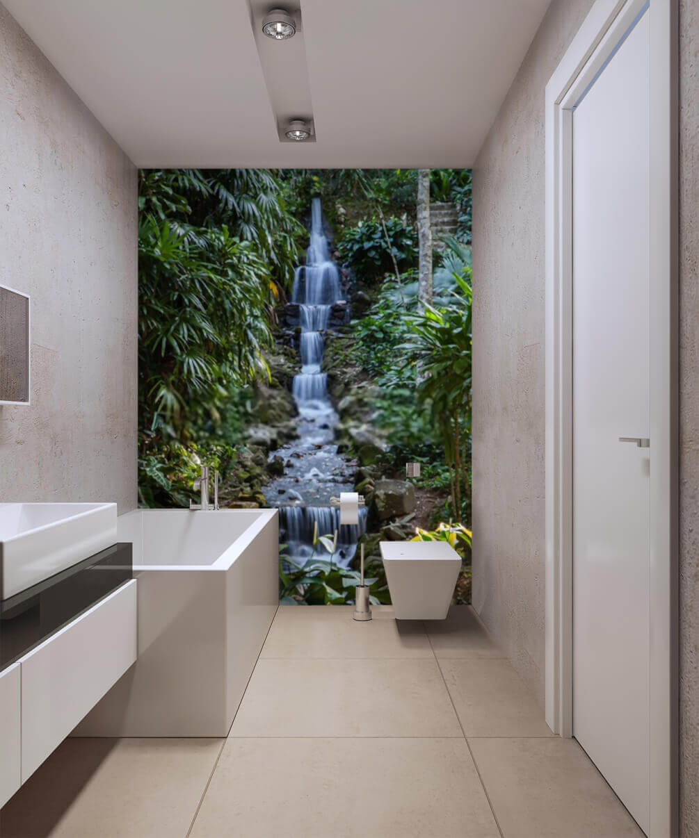 Narrow waterfall through jungle — interior 1