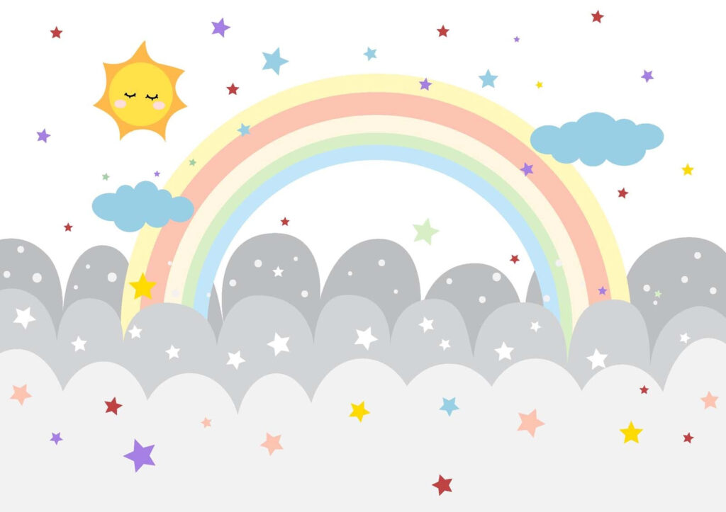 Rainbow above round clouds — full design