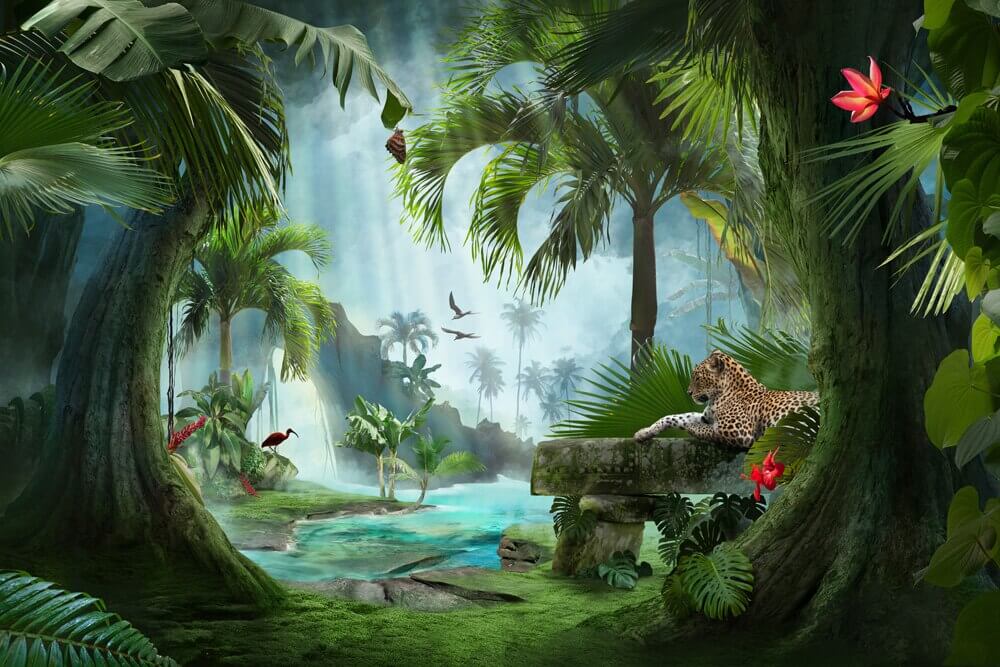 Tropical valley between trunks — full design