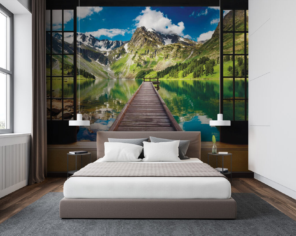 Mountain lake through windows — interior 2