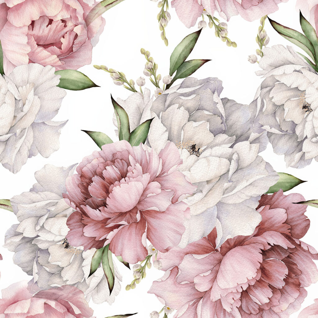 Blush peonies on white — full design