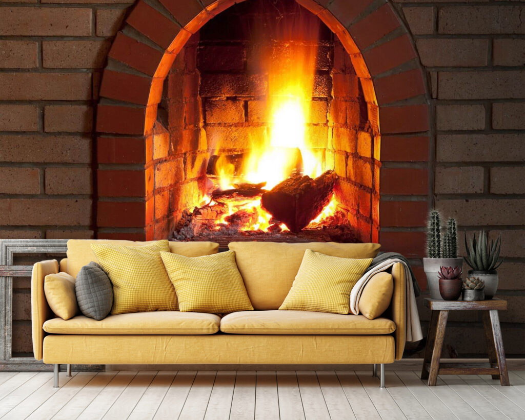 Flames behind brick arch — interior 2