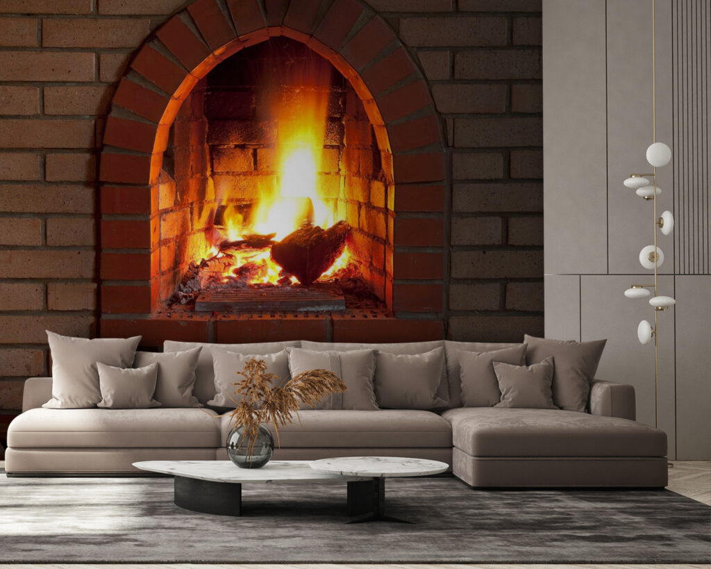 Flames behind brick arch — interior 1