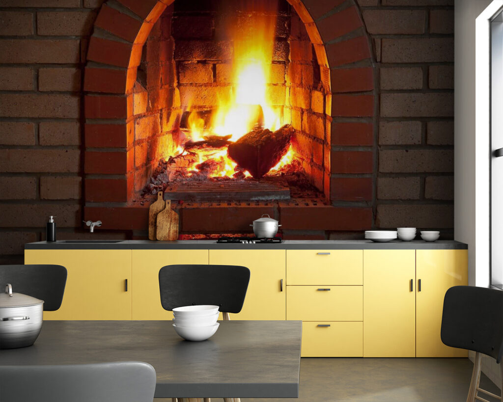 Flames behind brick arch — interior 5