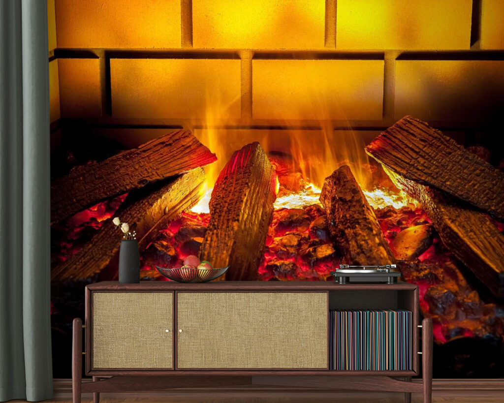 Logs in golden firelight — interior 2