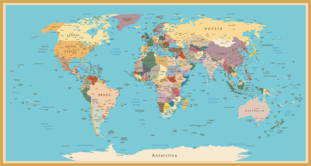 World map, gold border — full design