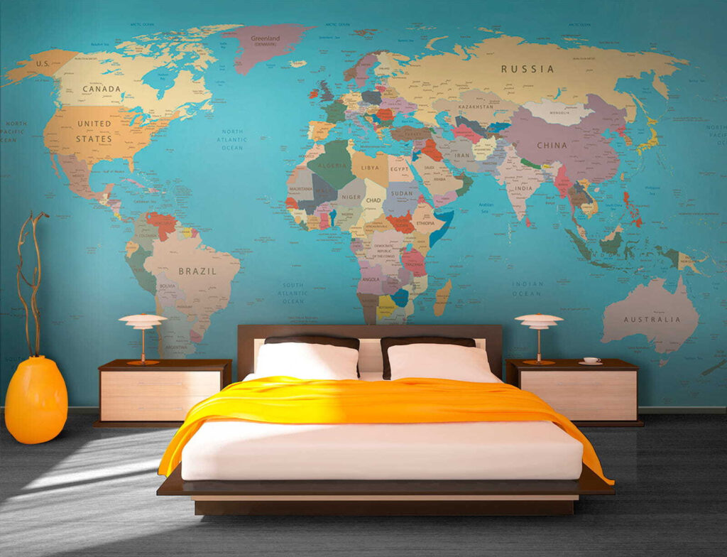 World map, gold border — interior 2