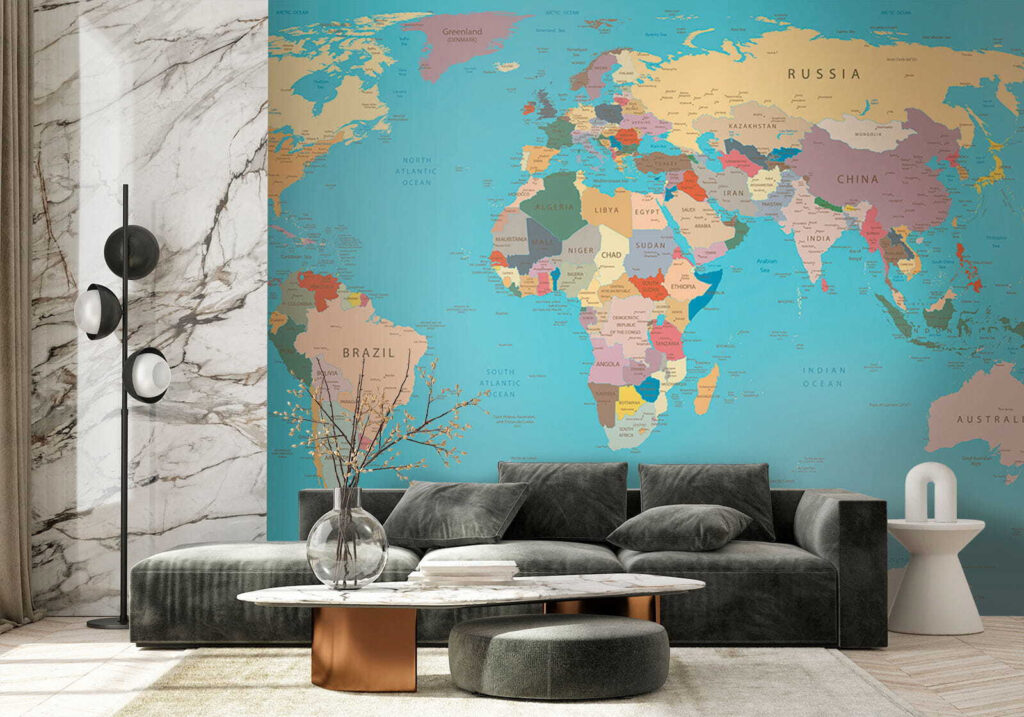World map, gold border — interior 4