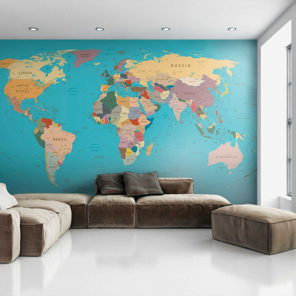 World map, gold border — interior 5