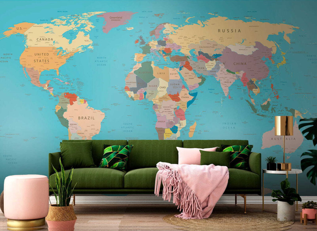 World map, gold border — interior 6
