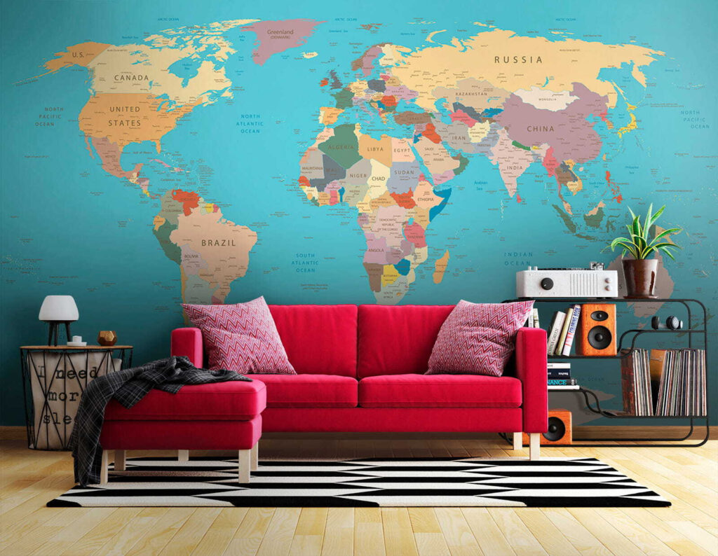 World map, gold border — interior 7