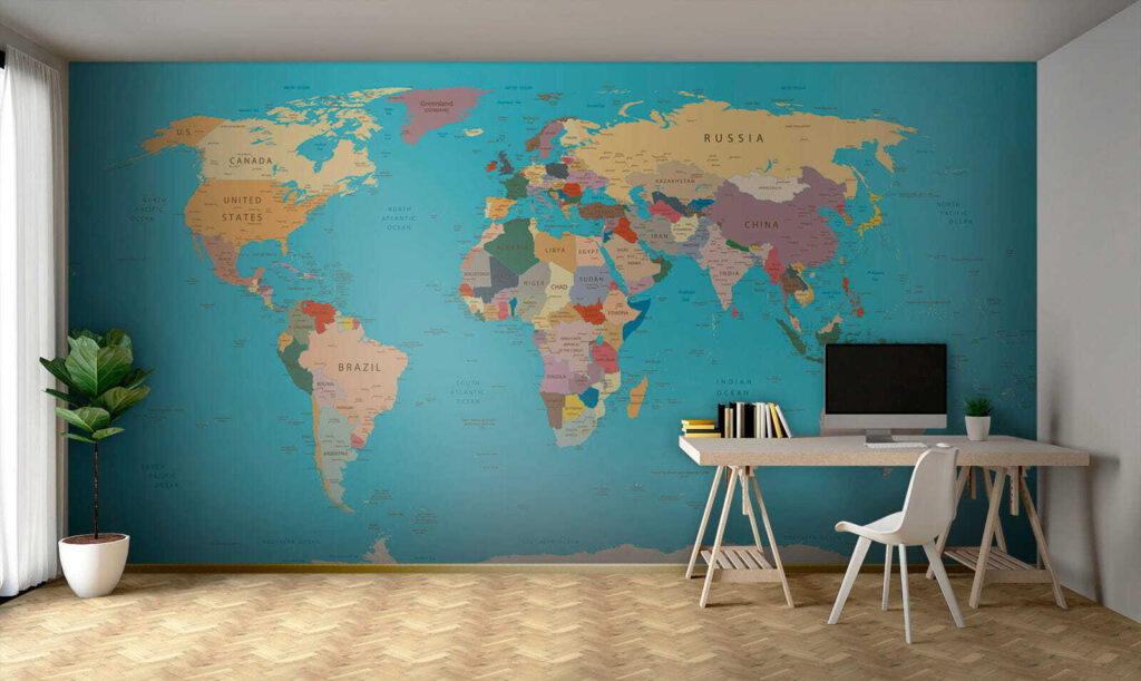 World map, gold border — interior 1