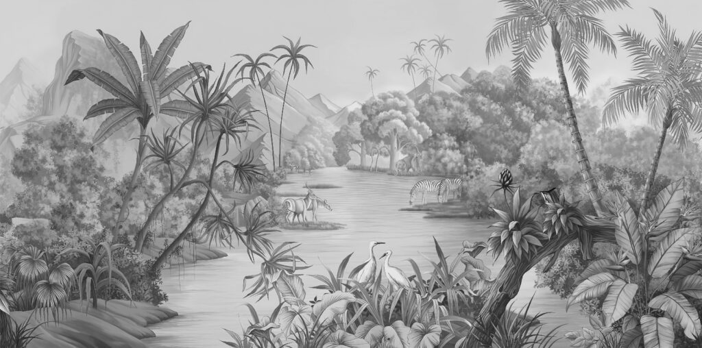 Palms framing small boats — full design