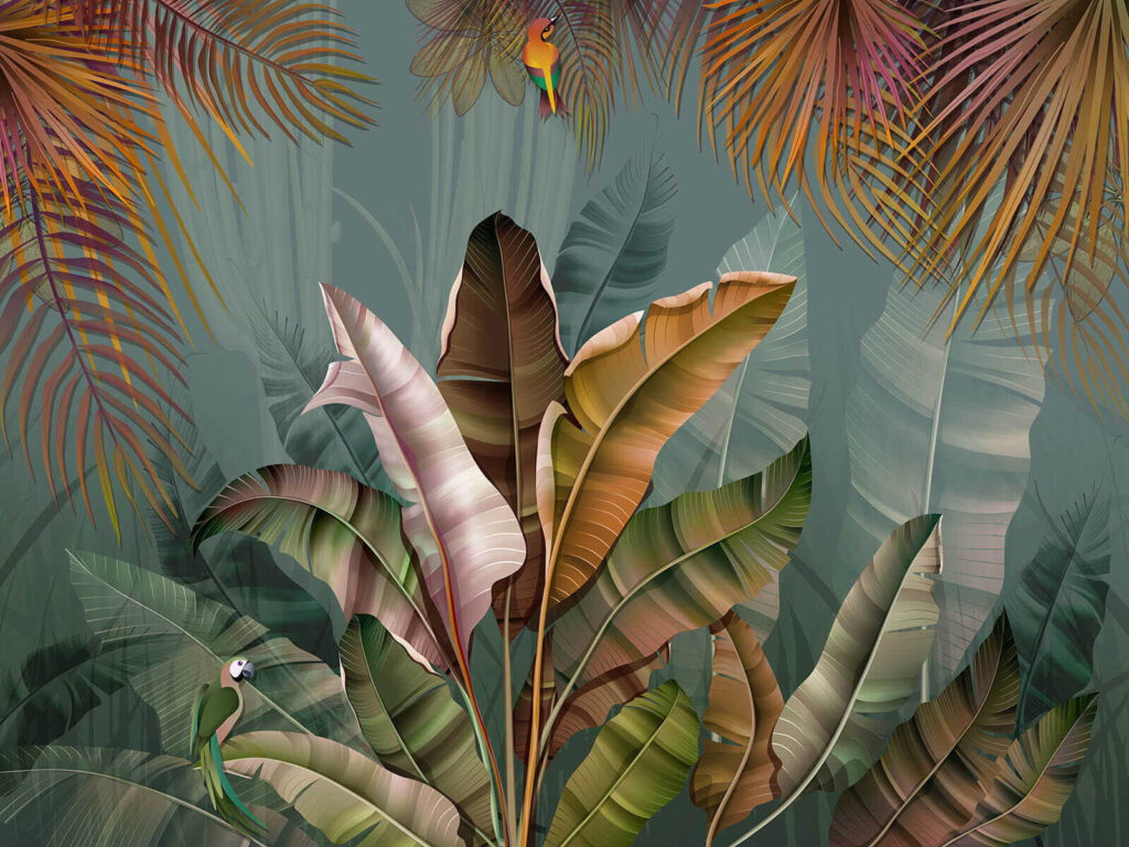 Warm leaves on grey-blue — full design