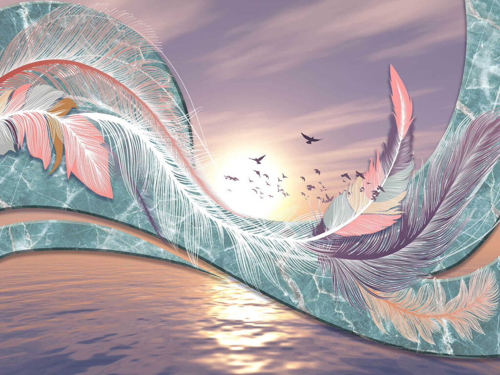 Feathers over evening water — full design