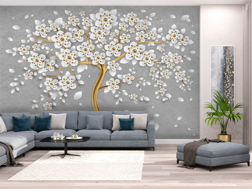 White blossom, gold stem — interior 1