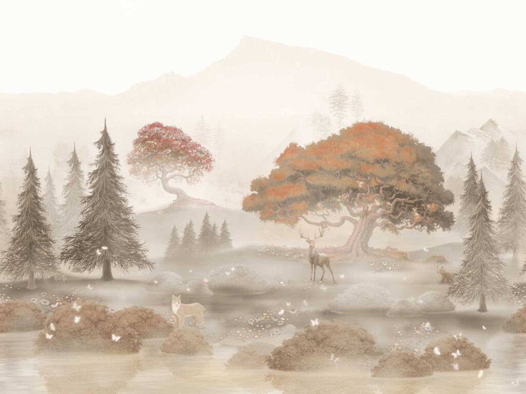 Deer by misty water — full design