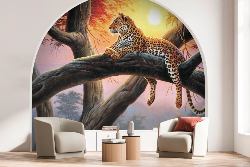 Spotted cat on branch — interior 1