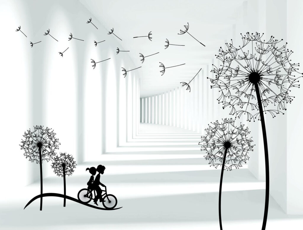 Cyclists among dandelions — full design