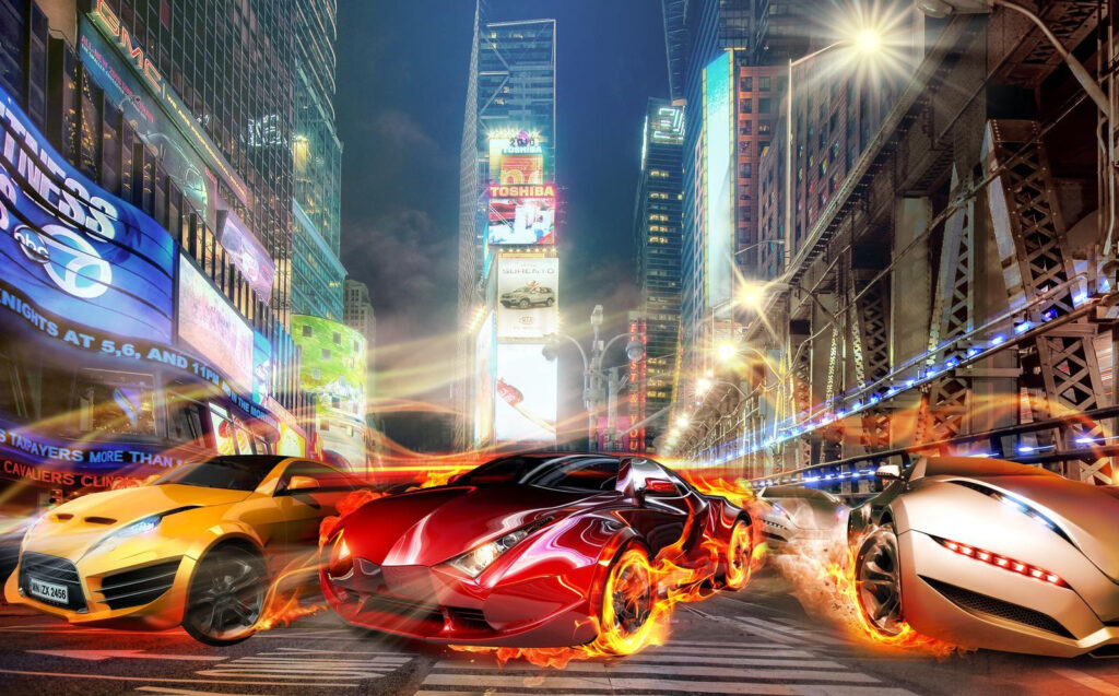 Cars among lit buildings — full design