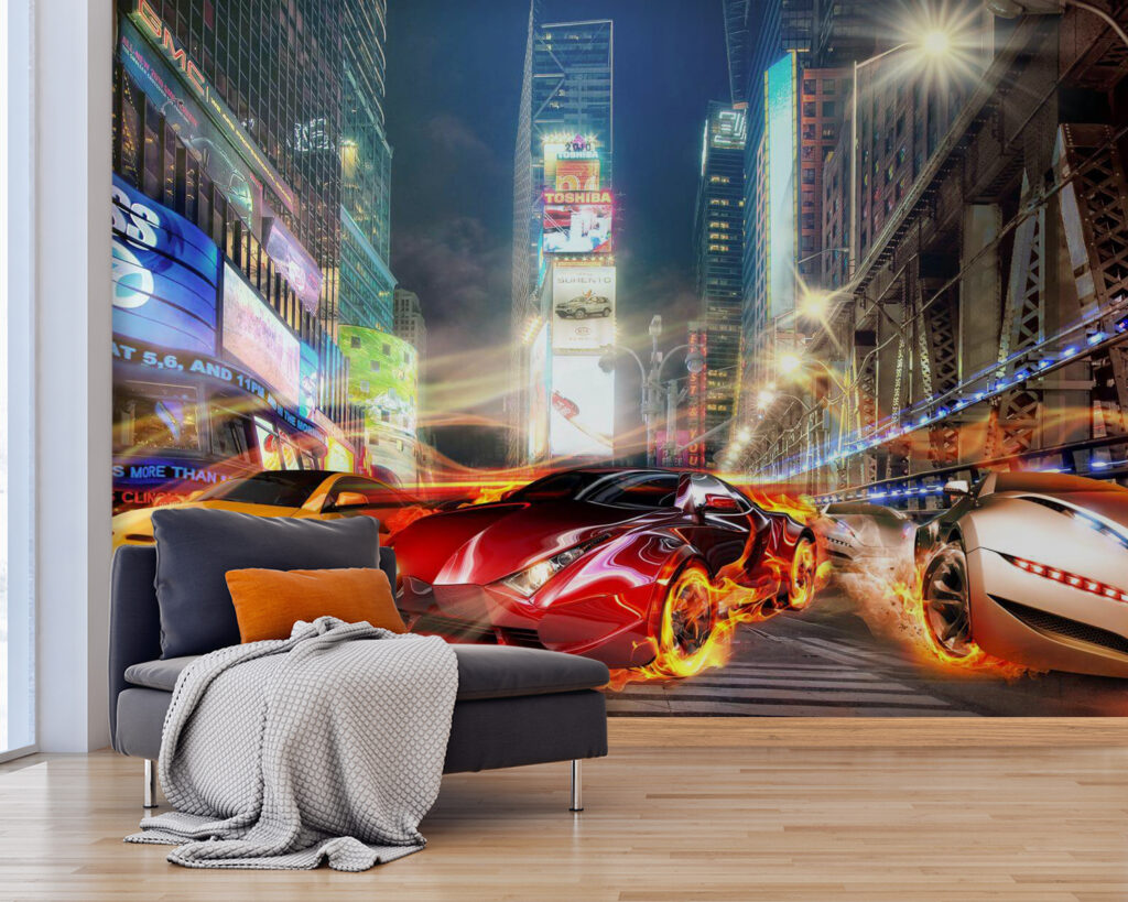 Cars among lit buildings — interior 1