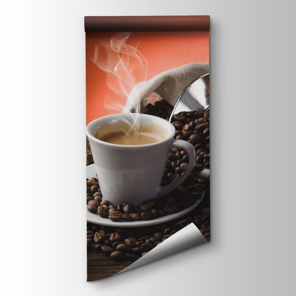 Steaming coffee among beans — product view