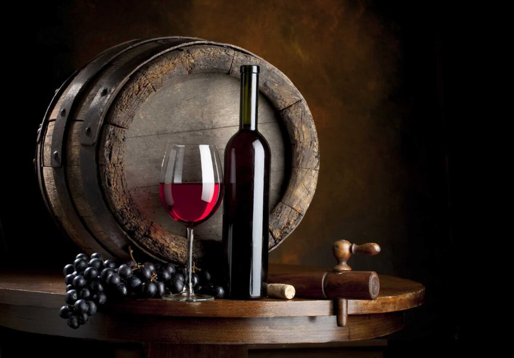 Red wine, wooden barrel — full design