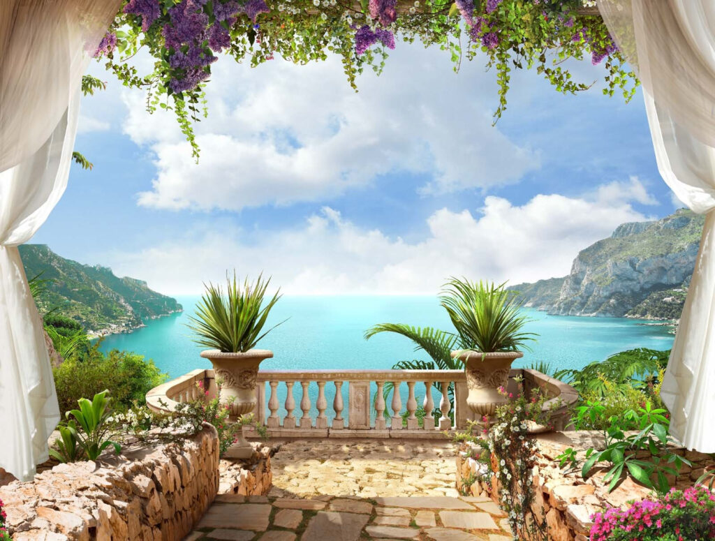 Bay behind flowering curtains — full design