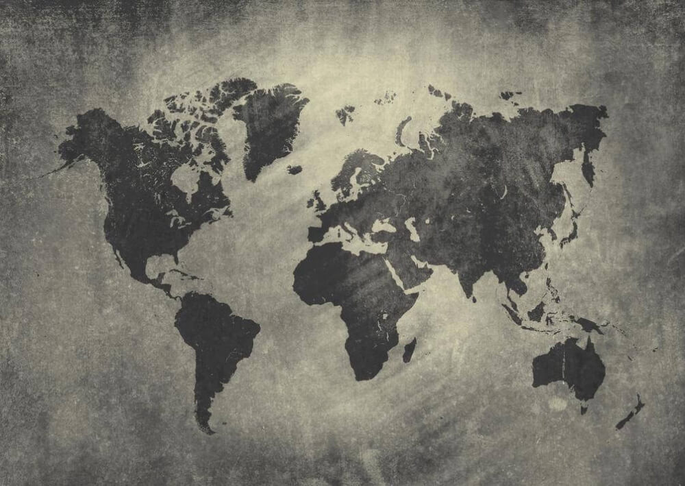 Weathered grey world map — full design