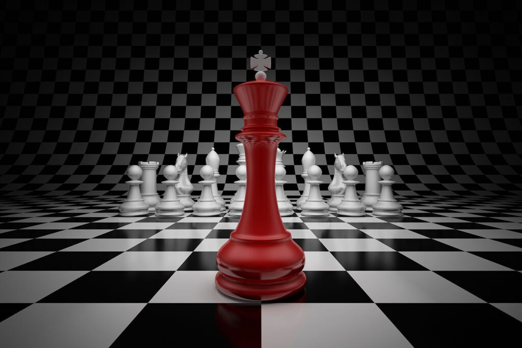 Red king among pawns — full design