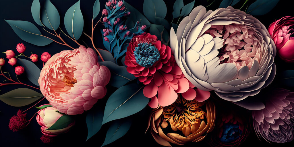 Dark peonies in layers — full design