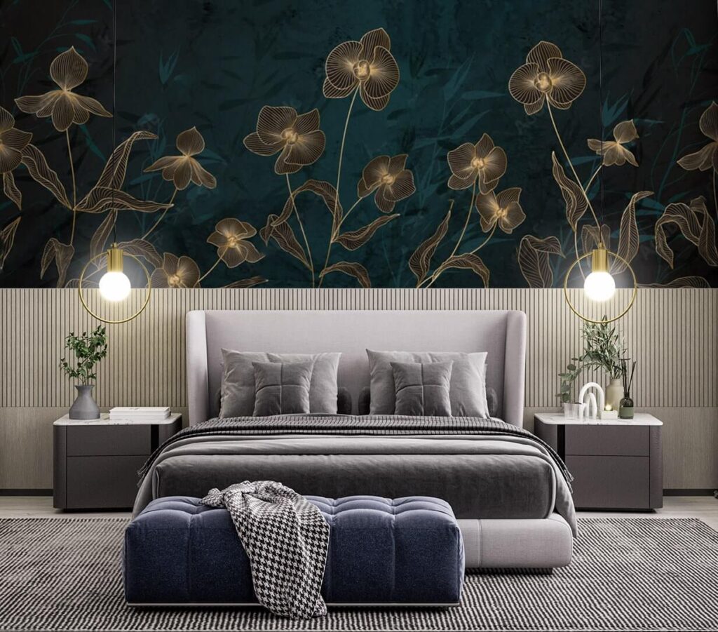 Gold flowers on petrol — interior 1