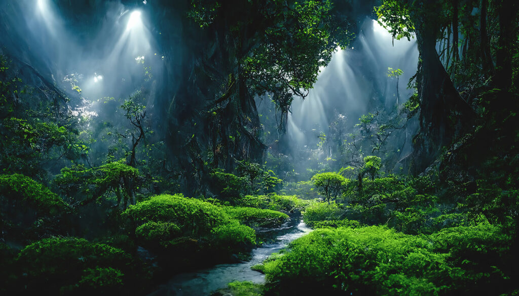 Light through jungle gloom — full design