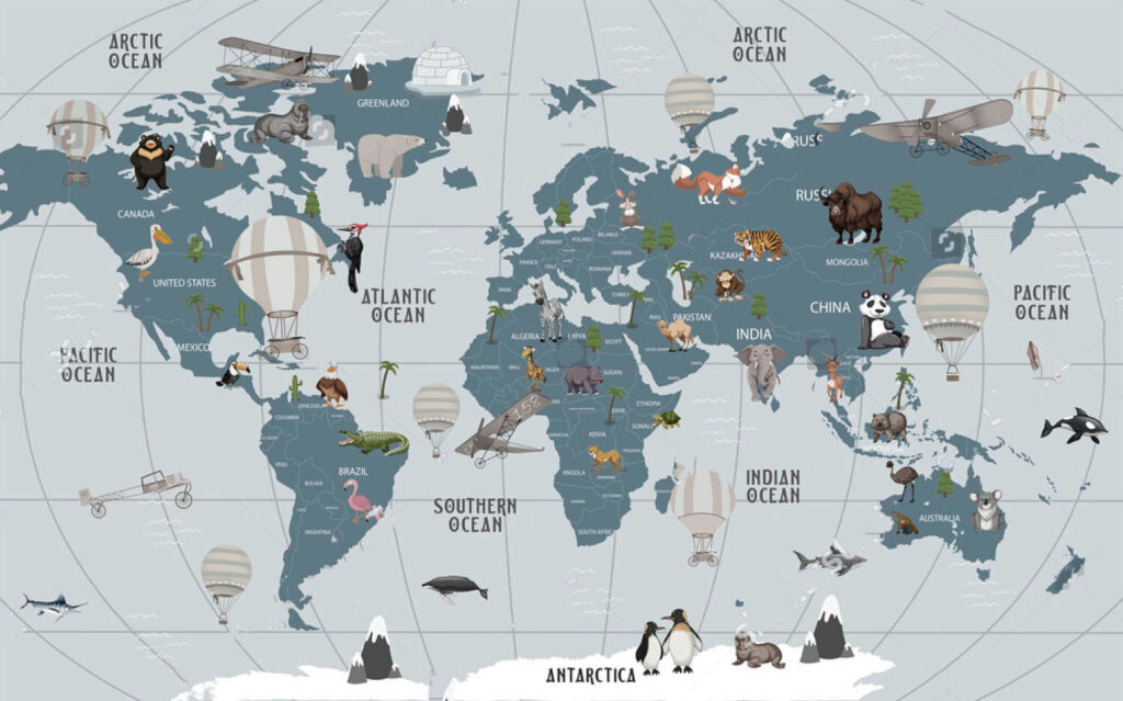 Animals among blue-grey continents — full design