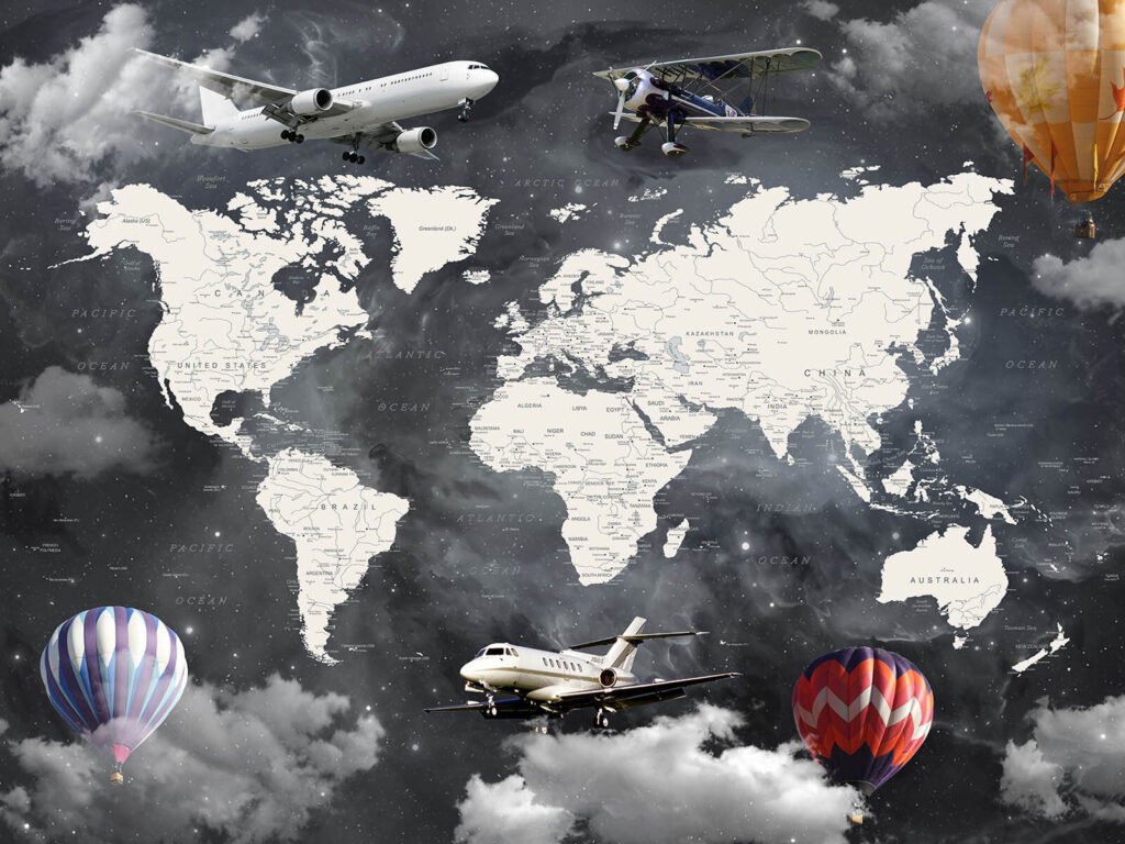 Aeroplanes around world map — full design