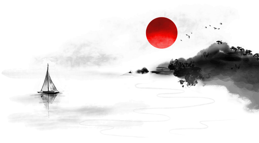 Sailboat under red sun — full design