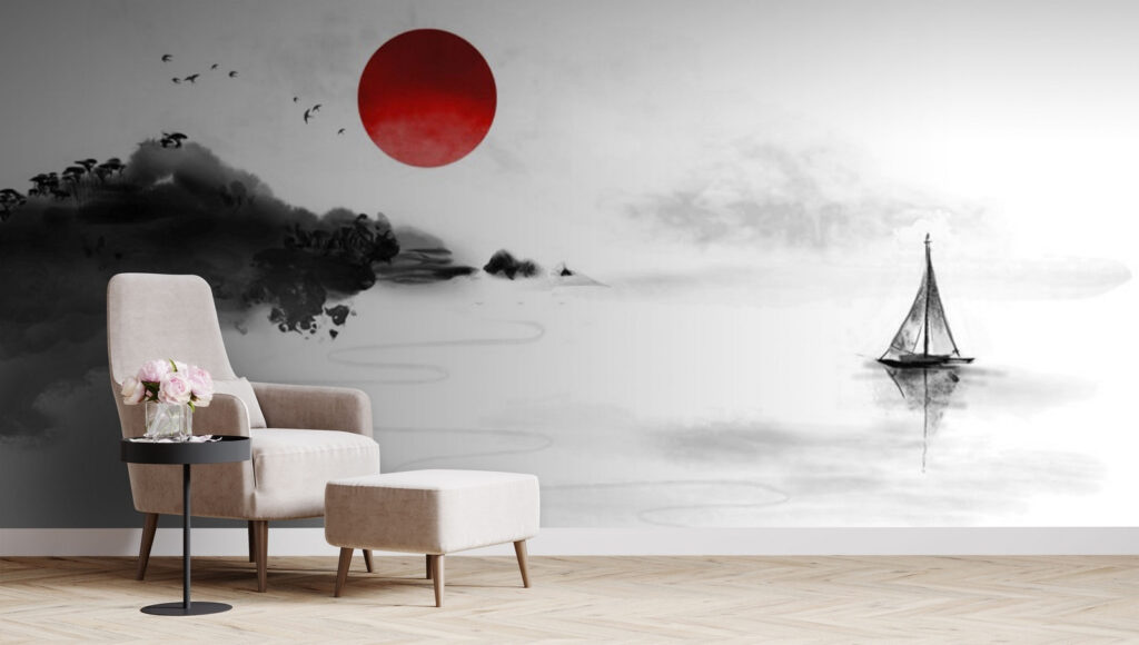 Sailboat under red sun — interior 1
