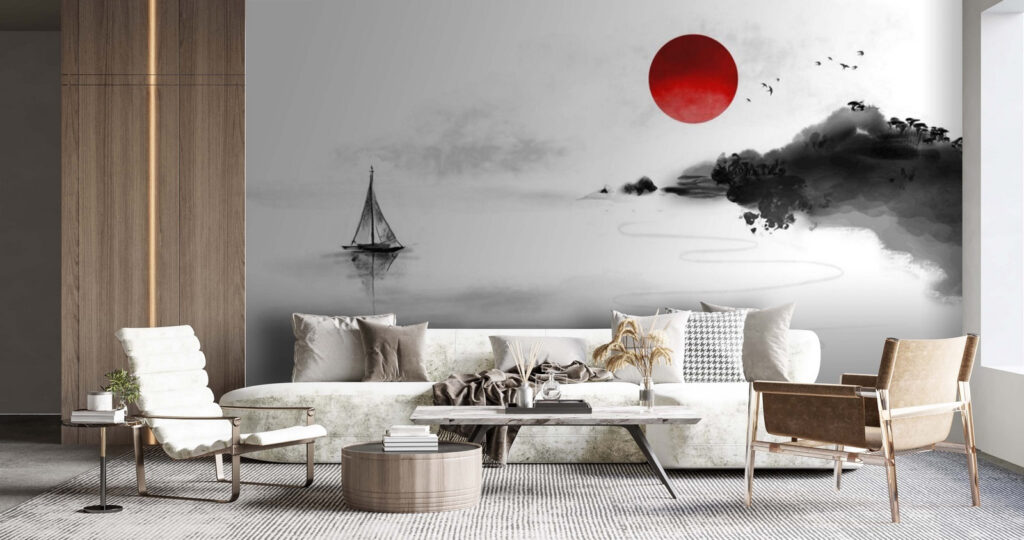 Sailboat under red sun — interior 2