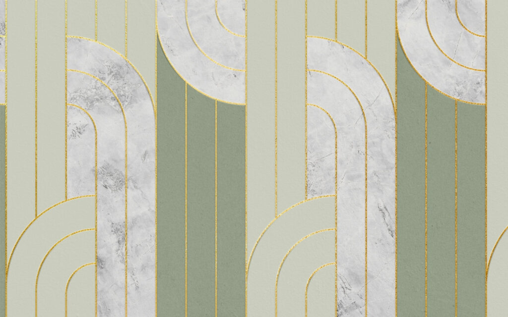 Golden arcs on grey-green — full design