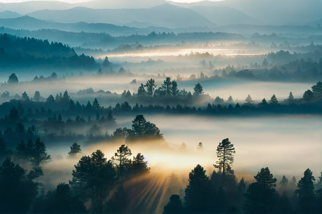 Mist between wooded hills — full design